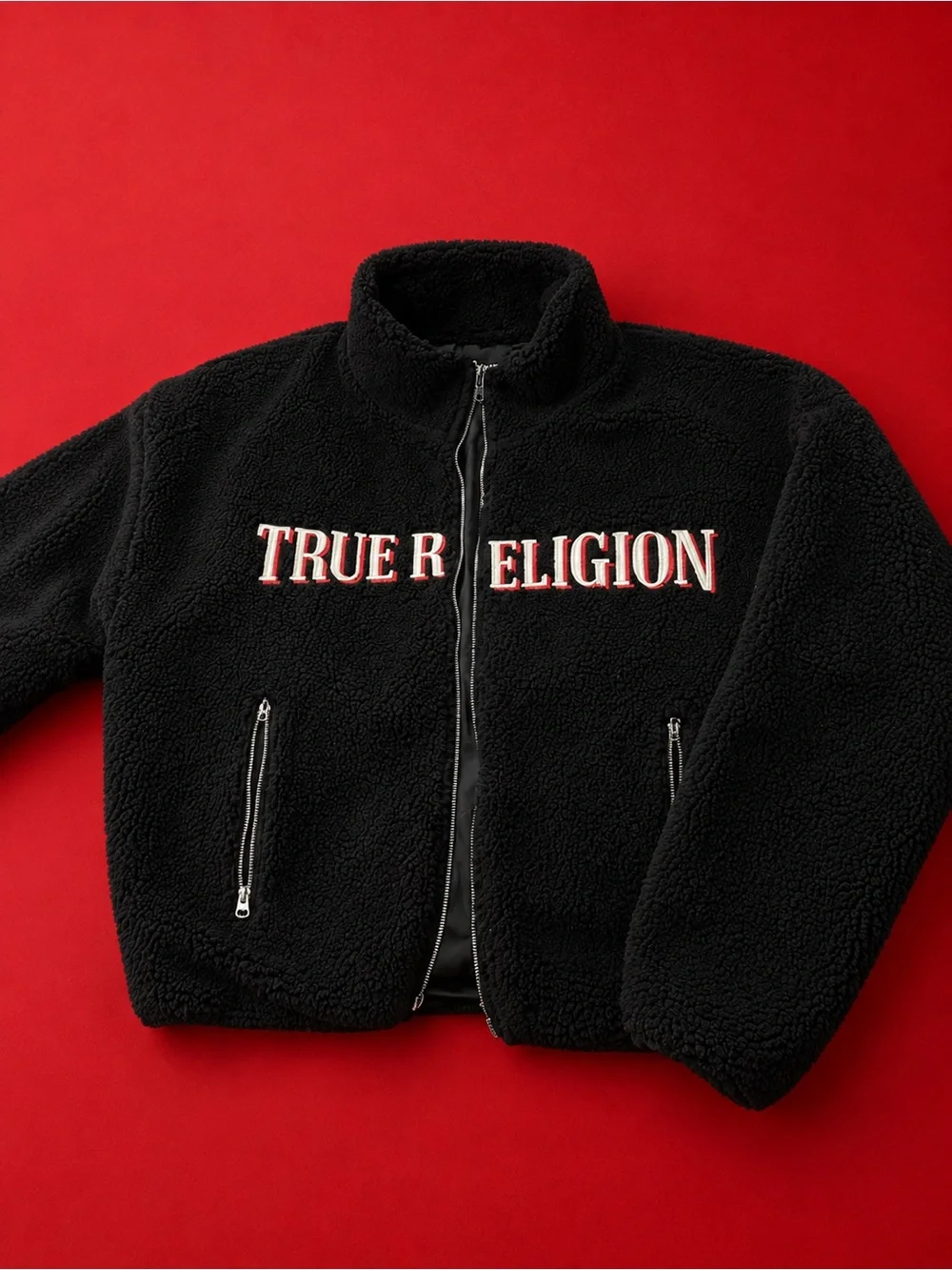 True Religion Black Sherpa Zip-Up Jacket with Red-Trim Logo